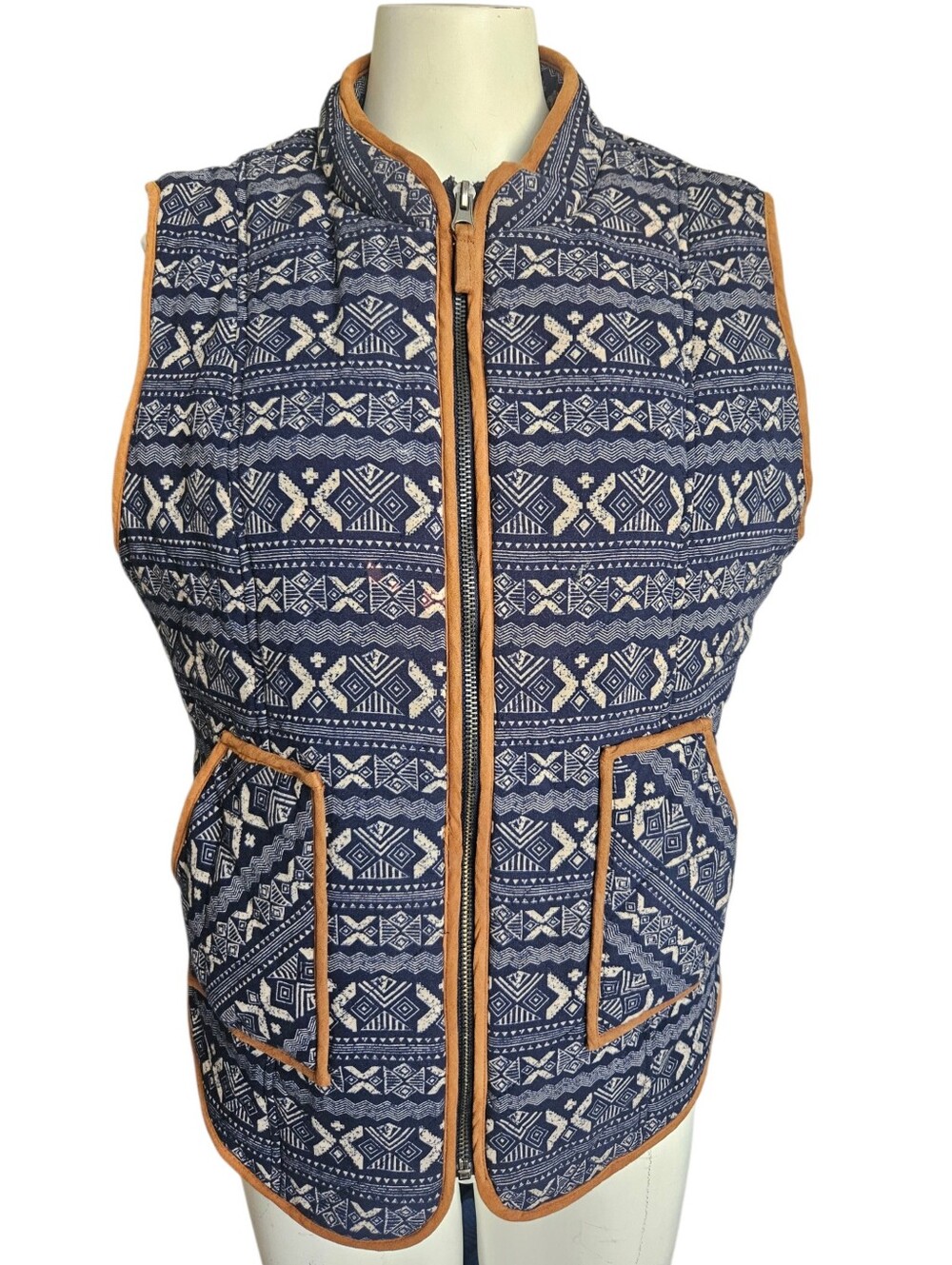 Entroโ Womens Navy Aztec Southwestern Print Quilted Full Zip Front Vest Medium
